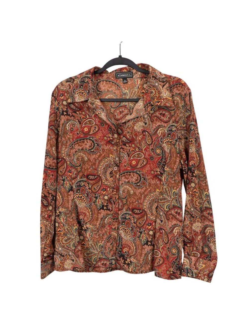 Satin Paisley Blouse XL Y2K Retro Button Up VNeck Collared Red Brown Green